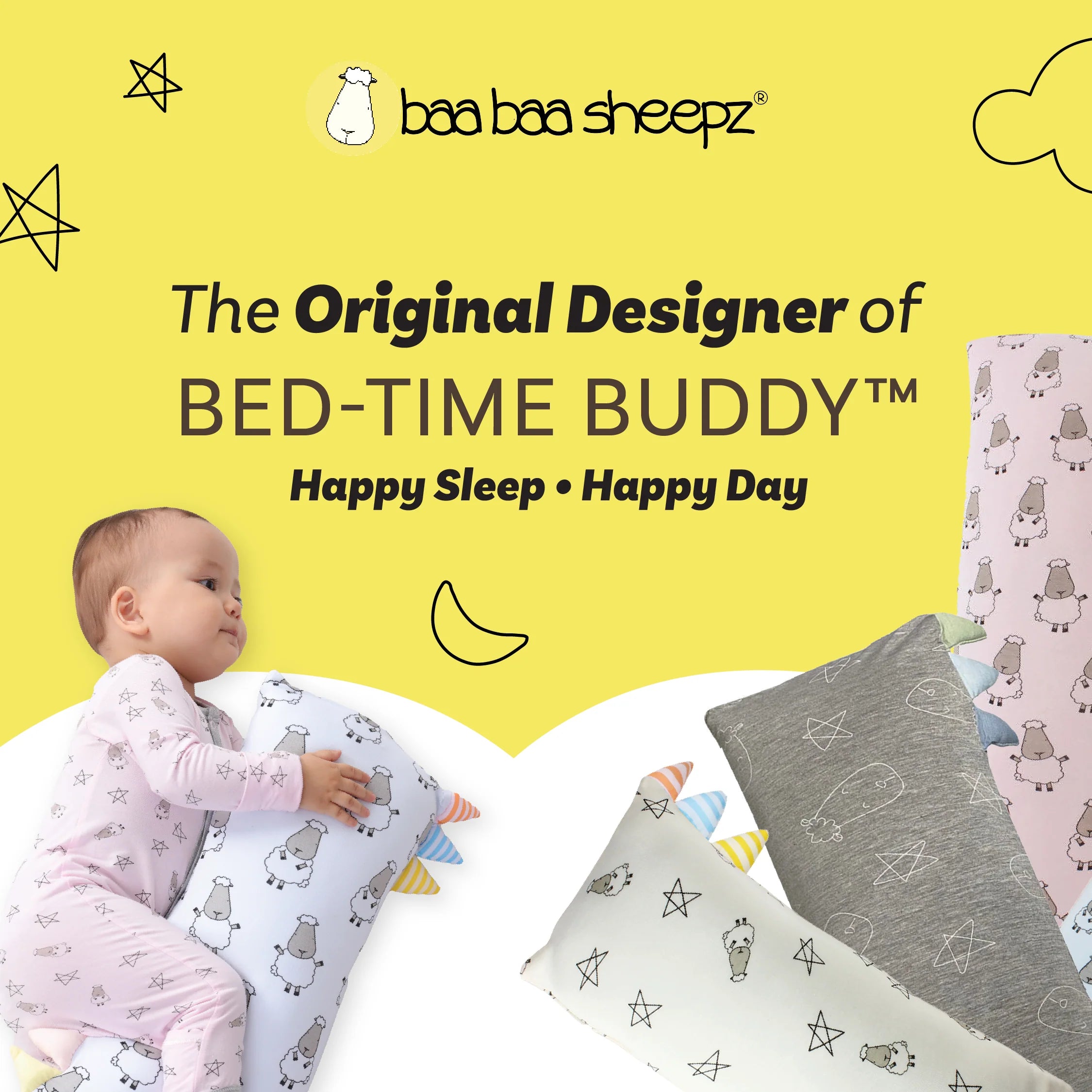 Bed-Time Buddy™ Big Sheepz Grey with Stripe, Polka Dot & Checkers tag Grey - Jumbo (size 23x53cm)